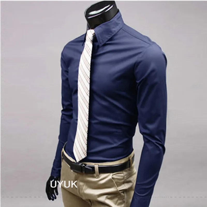 Мужская Повседневная рубашка с длинным рукавом однотонная деловая Облегающая