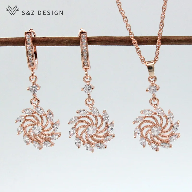 Классические спиральные длинные серьги S & Z с цветами из кубического циркония