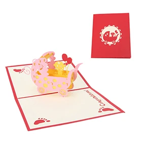 Pink 3D Детские коляски поздравительная открытка всплывающая бумага вырезанная Открытка Подарок на день рождения ручной работы - Цвет: Pink