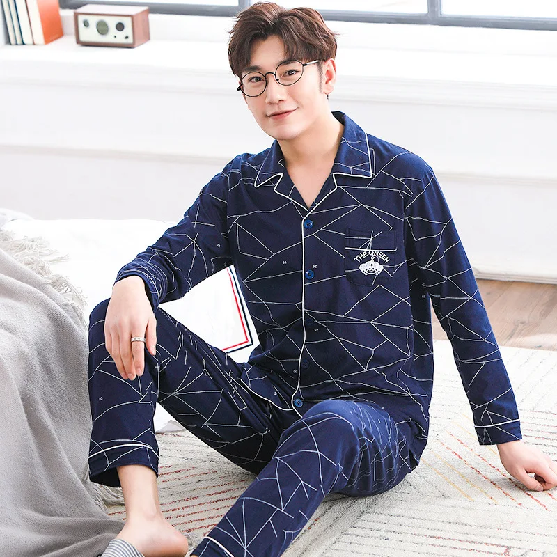 Мужская пижама Весенняя Хлопковая с длинными рукавами в полоску пижамная ночная