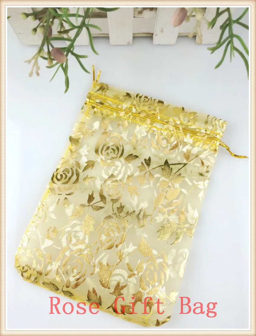 

100pcs/lot Rose Printed Organza Bag Pouches Wedding Favor Candy Gifts Jewelry Packaging Bag 11x16cm Gold Drawstring Gift Bags
