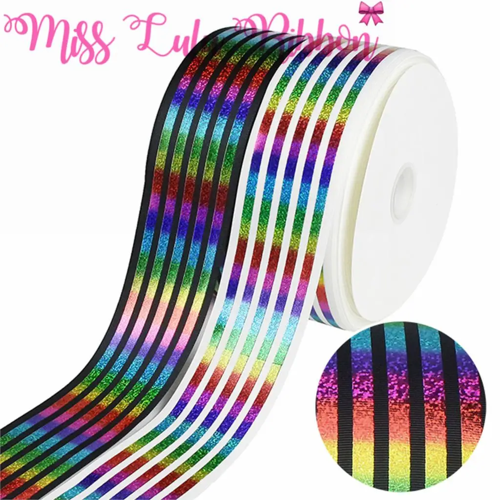 

3"75mm Rainbow Hologram Foil Stripes Printed Solid Grosgrain Ribbon DIY Gift Bowknots Hair Band Making 50yards/roll