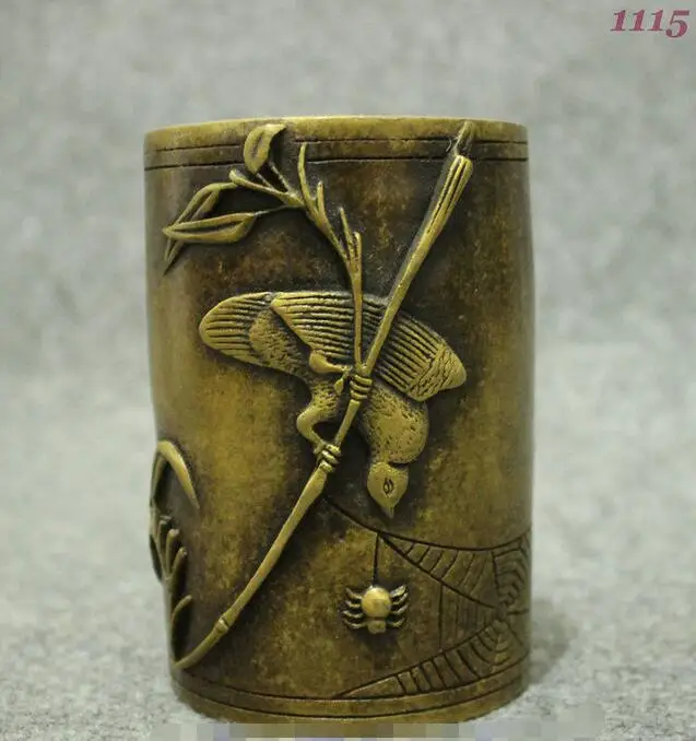 Народная китайская чистая бронза медная птица бамбуковая статуя щетка горшок