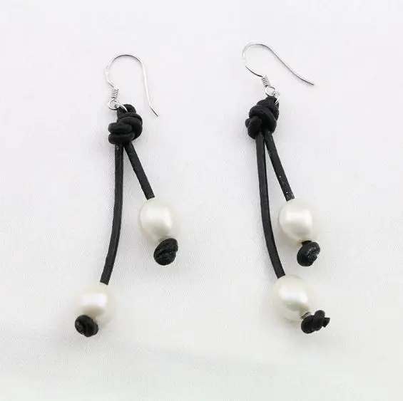 

Perfect Leather Pearl Jewellery,AA 8-10MM White Rice Genuine Freshwater Pearl Black Leather Earrings,S925 Silvers Dangle Earring