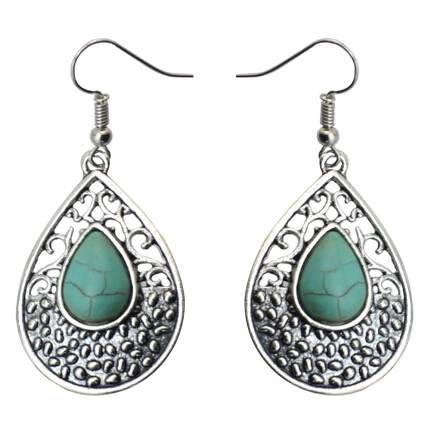 Earring Цыганский винтажный Тибетский серебристый металлический Капля воды из синего камня эффектные Длинные ожерелья и серьги женские Бохо индийские ювелирные наборы - Окраска металла: Earring