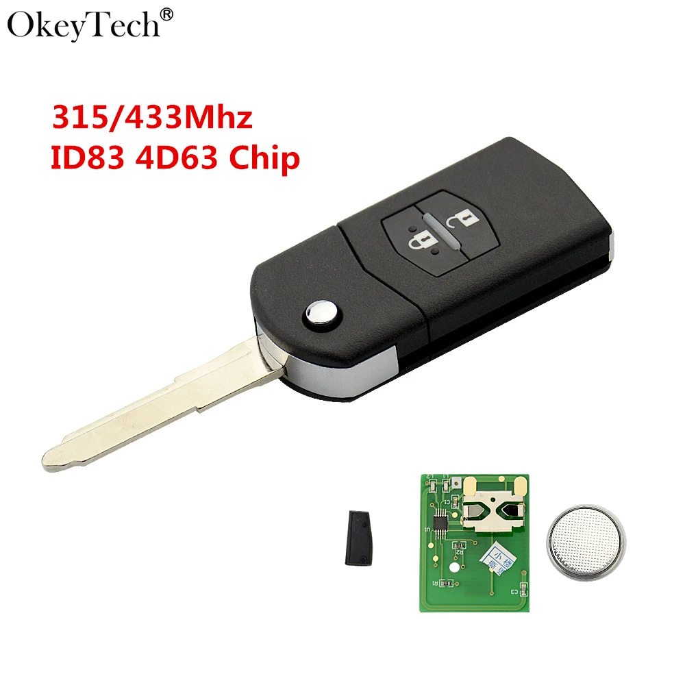 

Okeytech 2 Button Flip Folding Remote Car Key 315/433Mhz With ID83 4D63 Transponder Chip For Mazda 3 6 M3 M5 M6 Uncut Blade