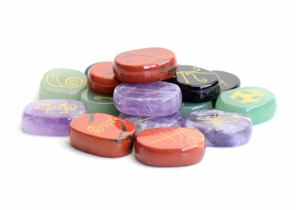 Набор из 16 натуральных камней в виде чакр с гравировкой волшебные символов рейки