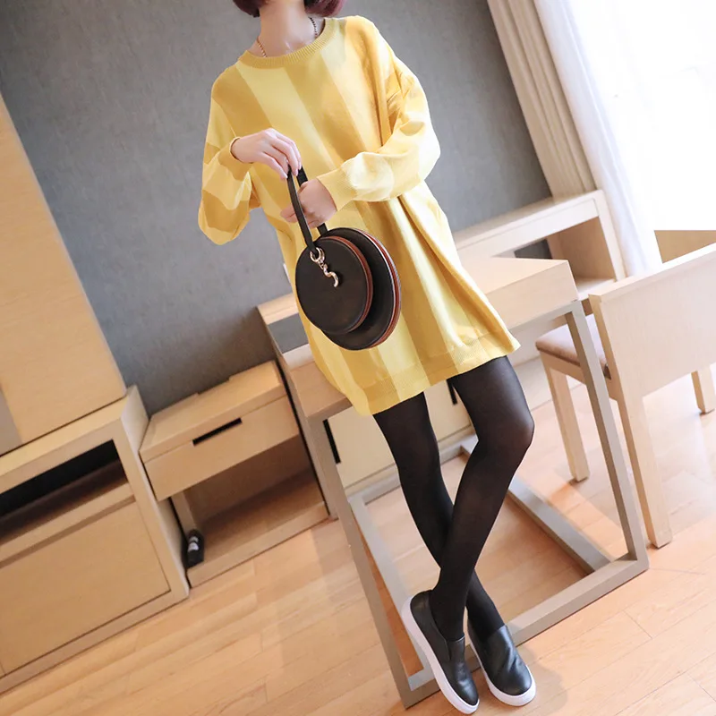

Spring new mid-length dress hood loose loose lazy spring dress 2019 Korean version of striped sweater