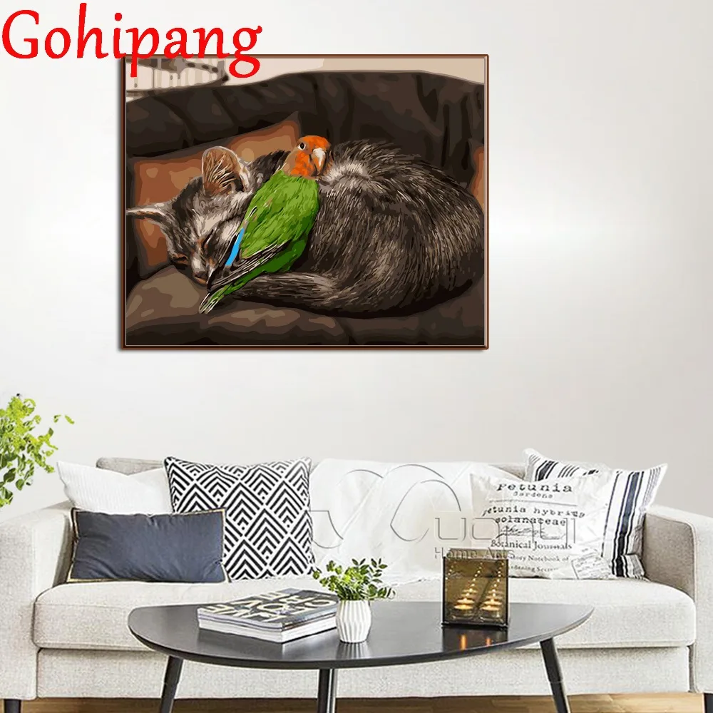 DIY картина маслом по номерам Животные кошка и попугай Подставил живопись на