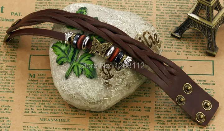 Vintage old bronze bracelet Jewelry genuine cow leather two buttons Bangles with shinning crystal drill adjustalbe For men SL21 | Украшения