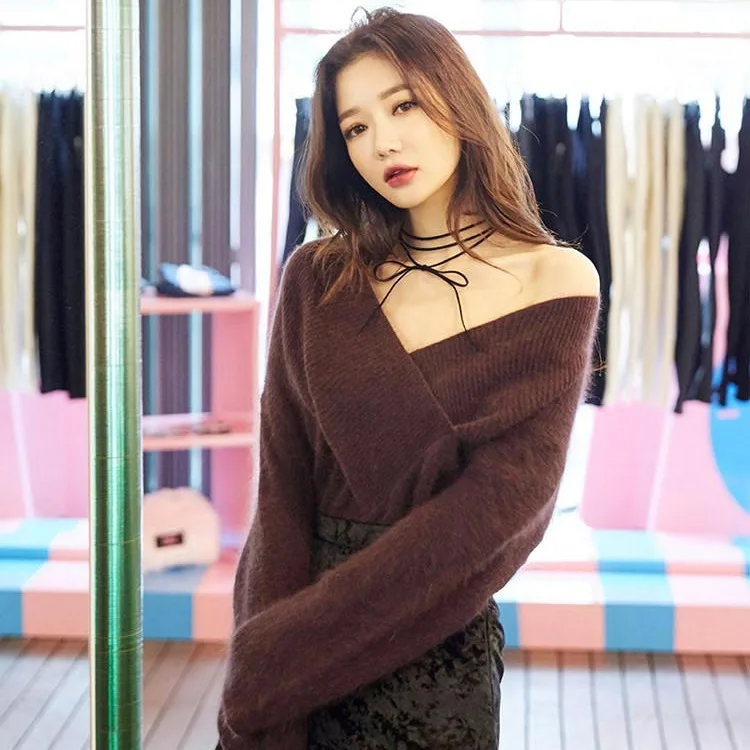 Autumn winter women pullovers long sleeve casual sweater Mink Cashmere women's v-neck strapless knitwear | Женская одежда