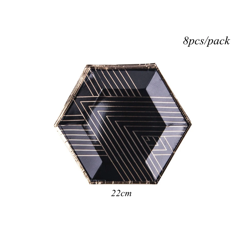 8pcs balck plate 1 комплект из черного золота, одноразовая посуда, воздушные шары на день рождения, позолоченные бумажные соломинки/чашка, украшение стола, Свадьба/Вечерние принадлежности - Цвет: 8pcs balck plate
