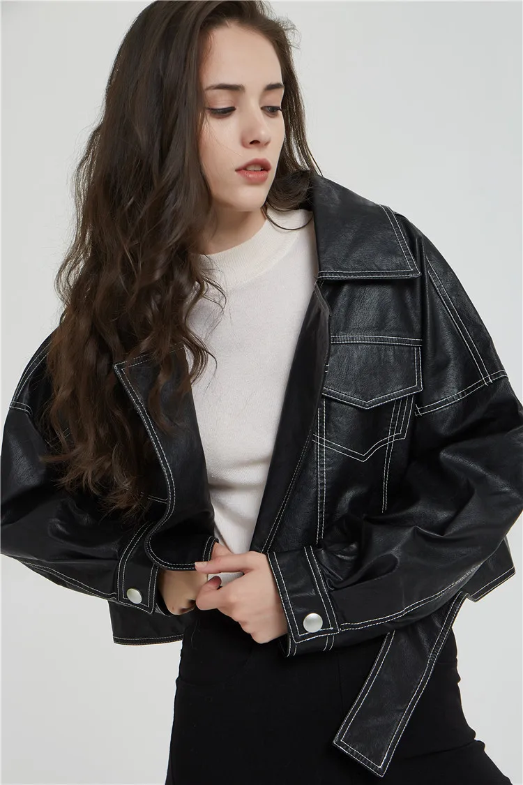 2019. Весенняя и осенняя женская кожаная одежда с отворотами Bf свободная версия