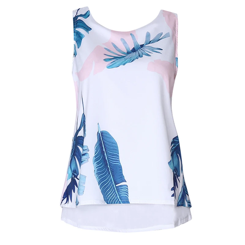 Женская летняя блузка с принтом листьев и круглым вырезом без рукавов