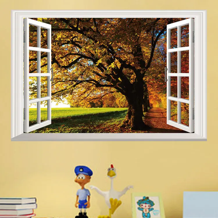 Съемные Осенние деревья 3D вид окна стикер на стены с пейзажем домашний Декор ПВХ