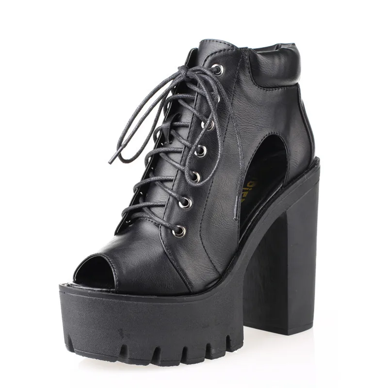 5 стиль толстый пятки женщины лето сапоги шнуровка платформа обувь пип-ноги палец