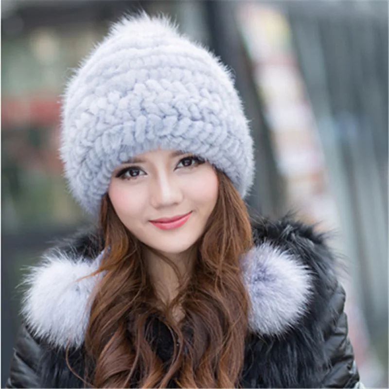 2019 New Arrival Winter Mink Weaving Fur Women Hats Knitted Lady Cap With Real Fox Fur Pom Pom Female Warm Ear Protection Hat