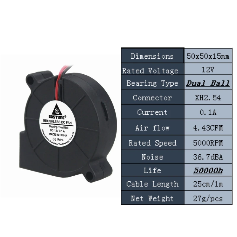12v Dual Ball 0.1A Gdstime 2 шт. DC 24 в 12 В 5 в 5015 Вентилятор охлаждения Два Шарикоподшипника 50 мм x 15 мм 2Pin центробежный турбо охладитель 5 см 50x15 мм - Цвет лезвия: 12v Dual Ball 0.1A