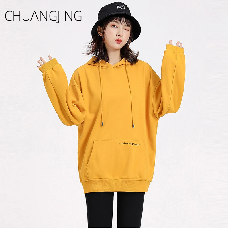 Повседневная осенне зимняя однотонная Толстовка с длинным рукавом женская