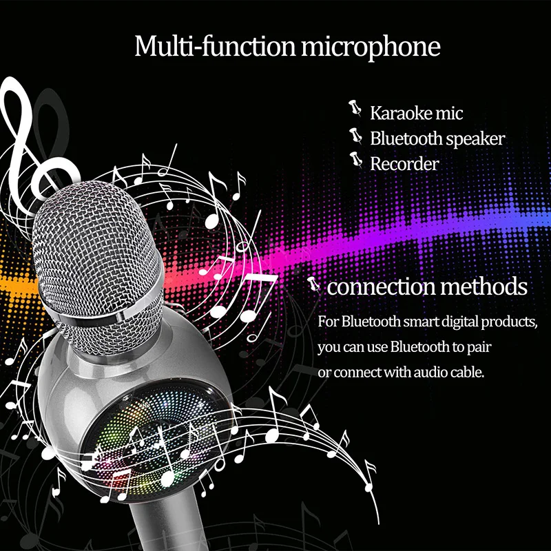 Беспроводной микрофон для караоке с поддержкой Bluetooth, 3-в-1 Портативный караоке микрофона караоке-плеер Многофункциональный светодиодный светильник