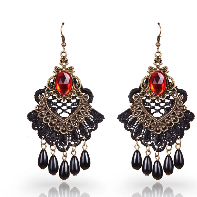 12 парт/лот большие полые висячие серьги с черными кружевами Стразы имитацией