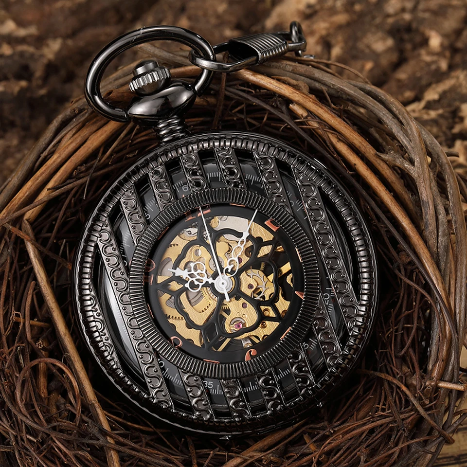 

Luxury Black Mechanical Pocket Watch Hand-Winding Hollow Steampunk Skeleton Fob Watches Chain Necklace Pendants For Men Women