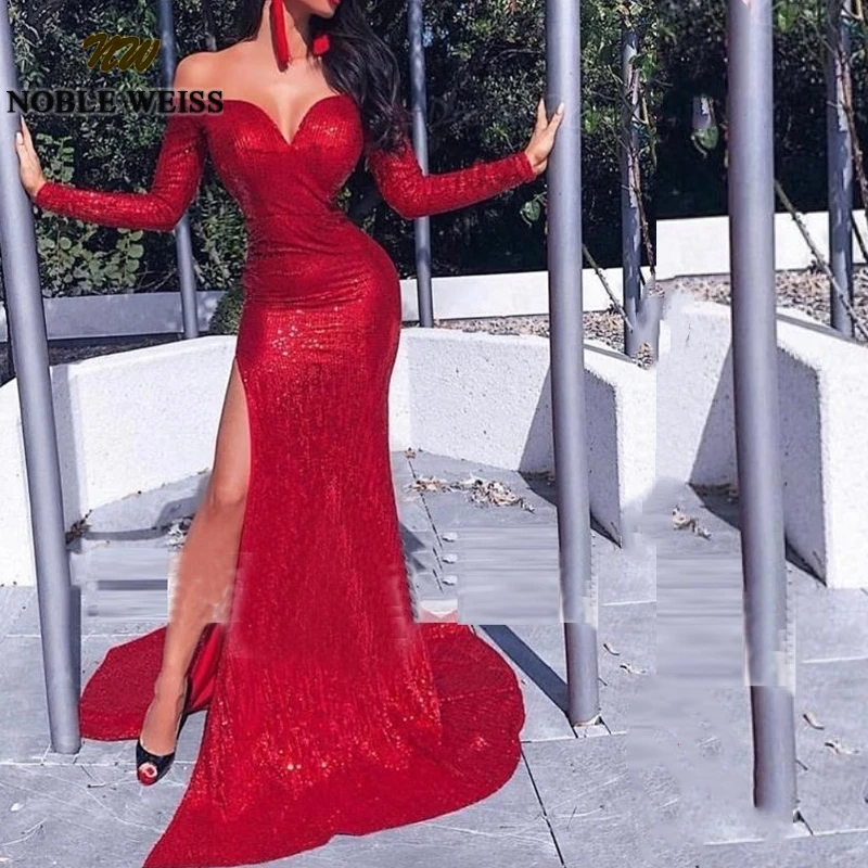 

Vestidos De Noche Manga Larga Long Sleeves Women Mermaid Sequins Formal Party Evening Dress Off Shoulder Turkish Evening Gowns
