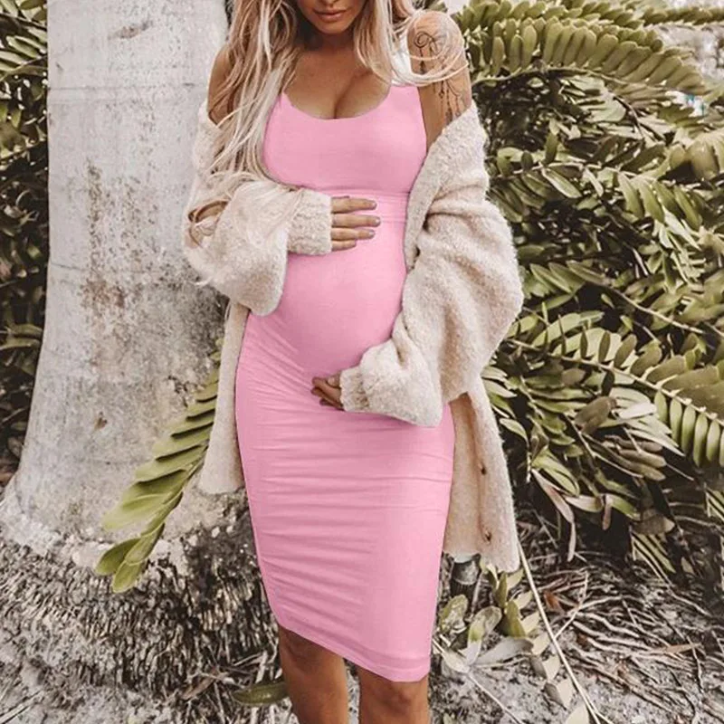 Pink Женское платье с круглым вырезом без рукавов для беременных, однотонное платье для кормления грудью, повседневное свободное платье средней длины для беременных - Цвет: Pink