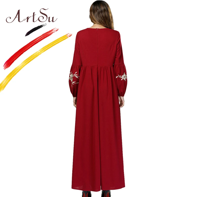 

ArtSu 2018 Winter Women Elegant Red Christmas Dress Female O-Neck Lantern Sleeve Pleated Maxi Dress Floral Embroidery Vestidos