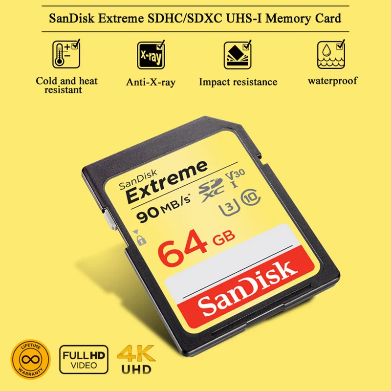 100% оригинальная карта памяти SanDisk SDXVE Extreme SDHC/SDXC SD 32 Гб 64 класс 10 C10 U3 V30 90 Мб/с UHS I для