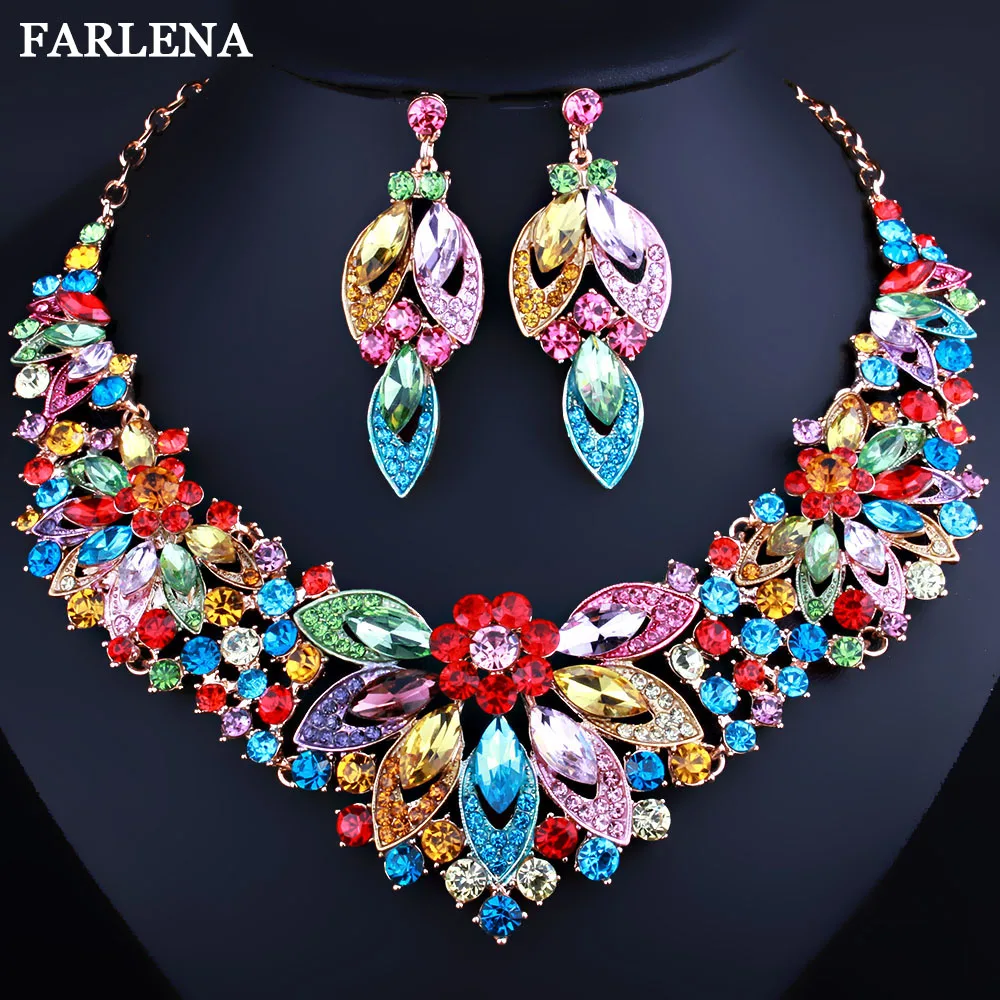 

Wedding Jewelry Luxury Crystal Rhinestones Leaves Necklace Earrings set Charm Bridal Jewelry Sets