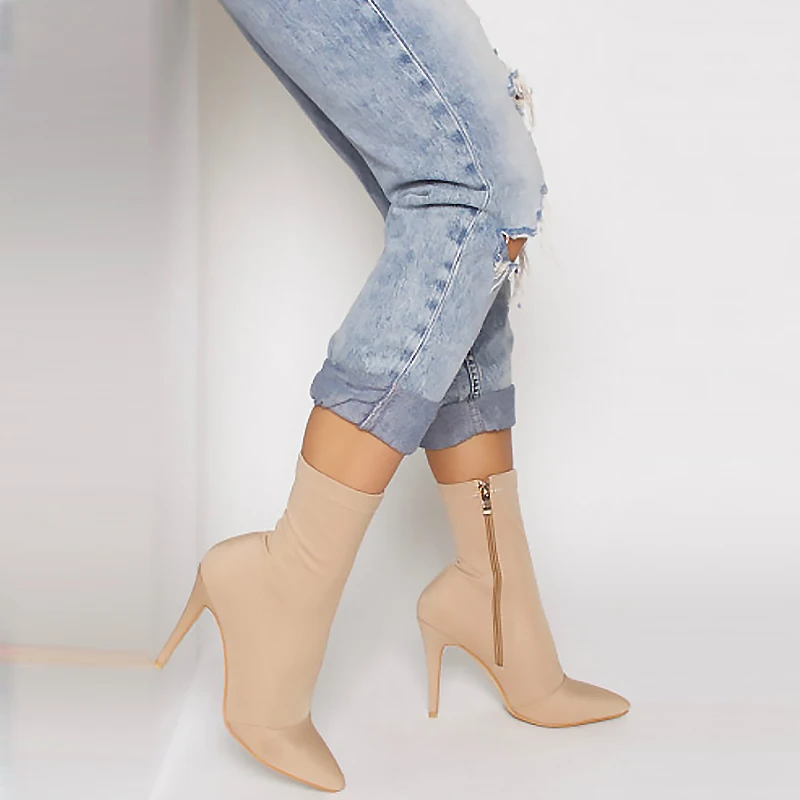 

Fashion 2019 Blue Women Lycra Pointed Toe Elastic High Boots Slip On High Heel Ankle Boots Women Pumps Stiletto Botas Booties