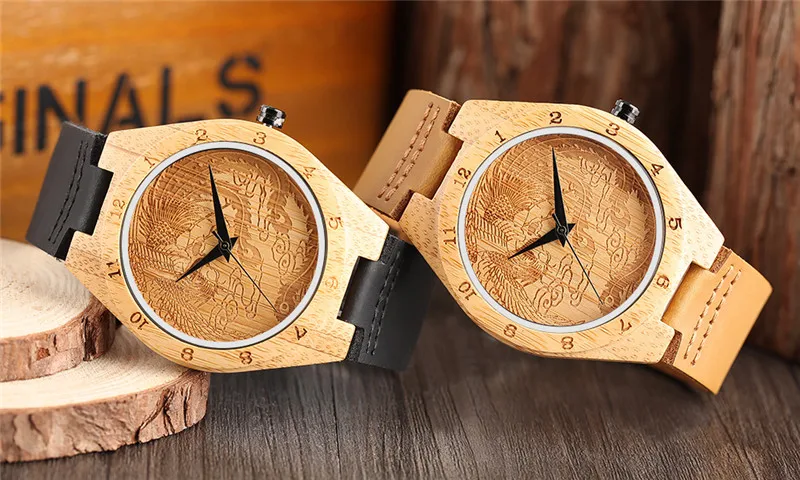 

Creative Carving Phoenix Bamboo Mens Watch 100% Original Wood Arabic Number Quartz Clock Male Genuine Leather Bangle Sports Gift