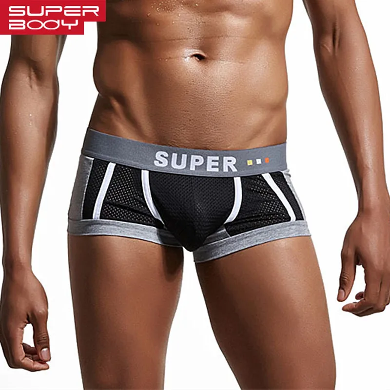 Черный SUPERBODY Новое мужское нижнее белье мужские трусы-боксеры сексуальный u-выпуклый дизайн сетчатый дышащий мужской трусы боксеры - Цвет: Черный