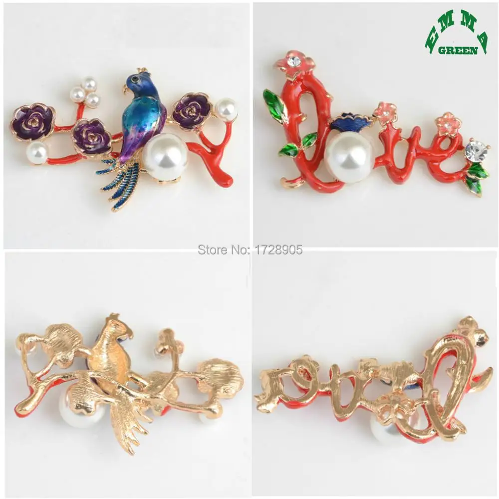 Bird with Branch Love Flower with White Pearl Crystal 5pcs Gold Color Flatback Embellishment Button for Women Jewelry Making