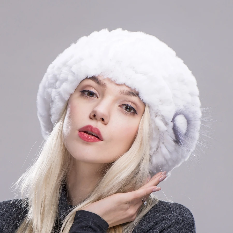 Женская вязаная шапка с натуральным кроличьим мехом FXFURS зимняя высокого