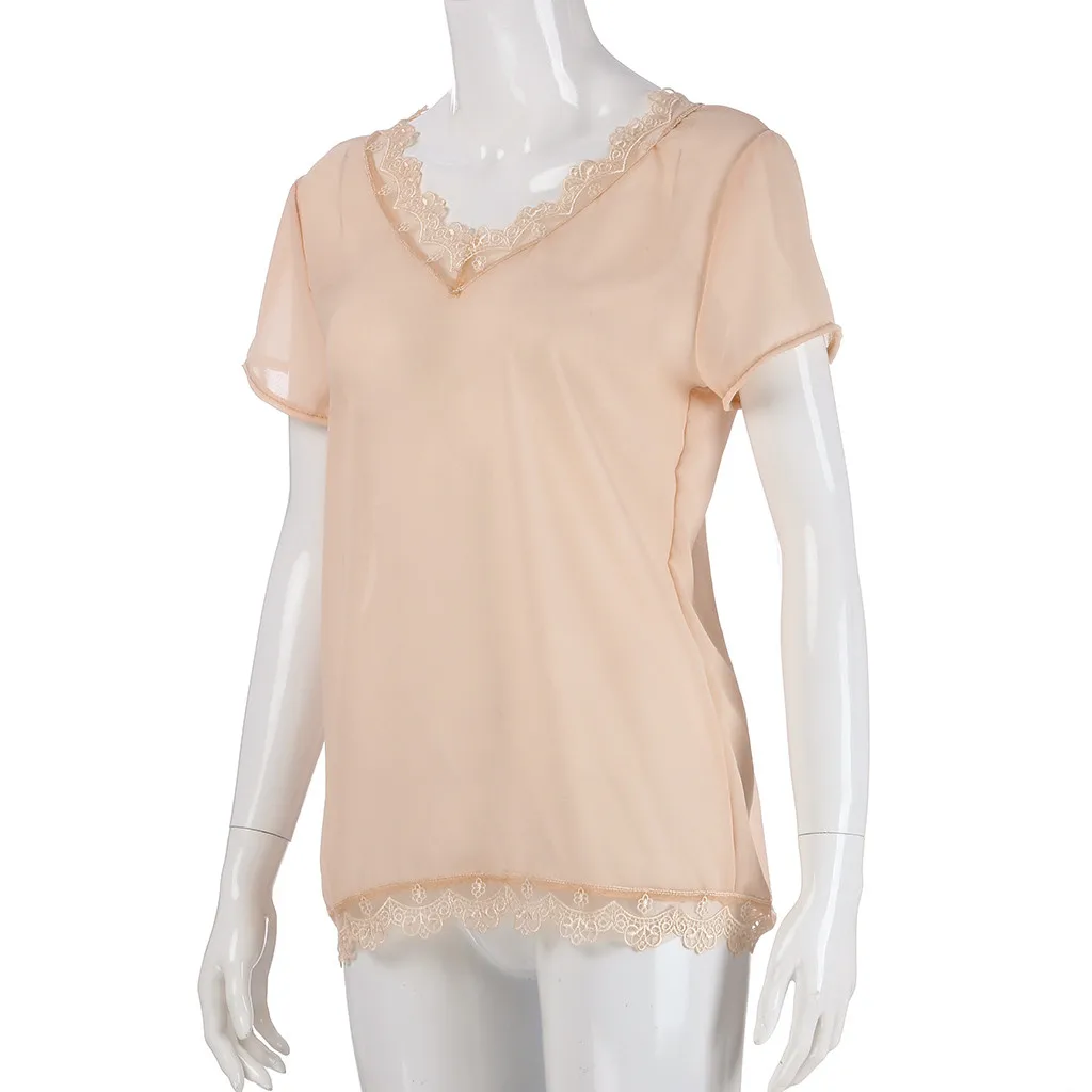 Женская кружевная блузка с коротким рукавом Повседневная однотонная составного