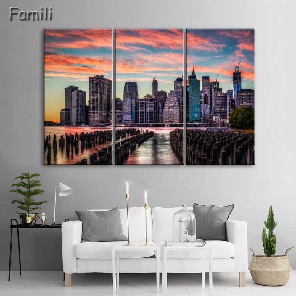 Unframed Modern 3pcs Melamine Sponge Board Canvas Oil Painting New York City Night View Pictures Seascape Living Room Wall Art | Дом и сад