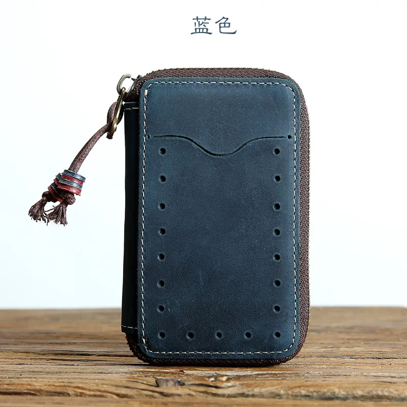 Retro Real Genuine Leather Key Wallet Women Keychain Covers Zipper Case Bag Men Keys Holder Housekeeper Organizer Handmade - Цвет: Синий