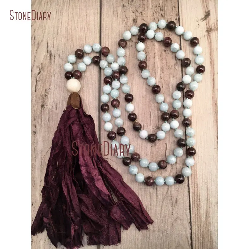 

40 inch Long 108 Mala Beads Aquamarines and Garnet Hand Knotted Beads Silk Sari Tassel Bohemian Jewelry NM11115