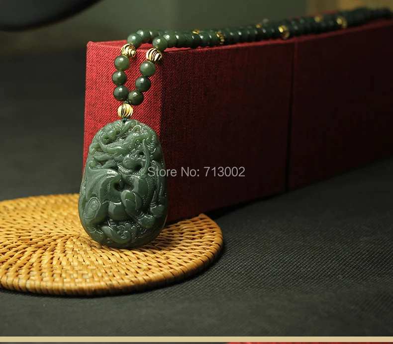 Nature dark green Jade Foo-Dog Pendant  jadite Amulet Talisman 6mm Jade Bead Brass Bead Necklace Lucky
