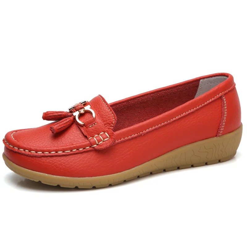 Fashion Shoes Women Genuine Leather Shoes Woman Fashion Casual Wedge Loafers Shoes Slip-on Round Toe Shoe For Women Mocasin - Цвет: Красный