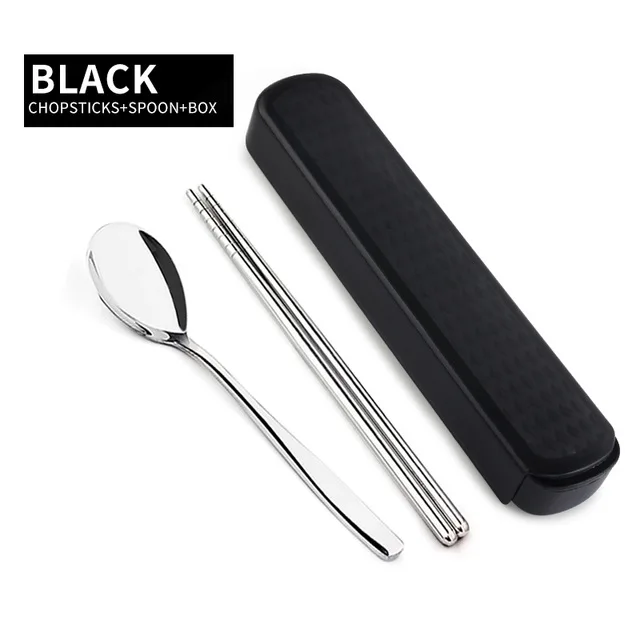 Black 3 Set Портативный набор посуды, китайская посуда из нержавеющей стали с коробкой для малыша, набор посуды для пикника, кухонные аксессуары - Цвет: Black 3 Set