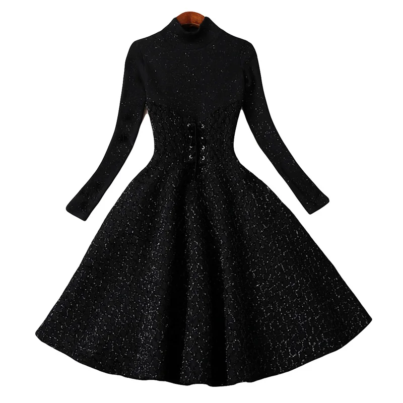 Женское вязаное платье с круглым вырезом He Ben черное тонкое длинное в стиле ретро