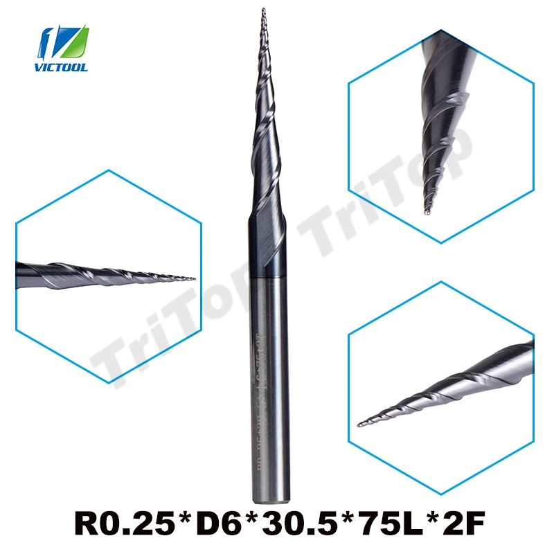 

2pcs/Lot R0.25*D6*30.5*75L*2F HRC55 Tungsten Solid Carbide Coated Tapered Taper Ball Nose End Mill Cone Type CNC Milling Cutter