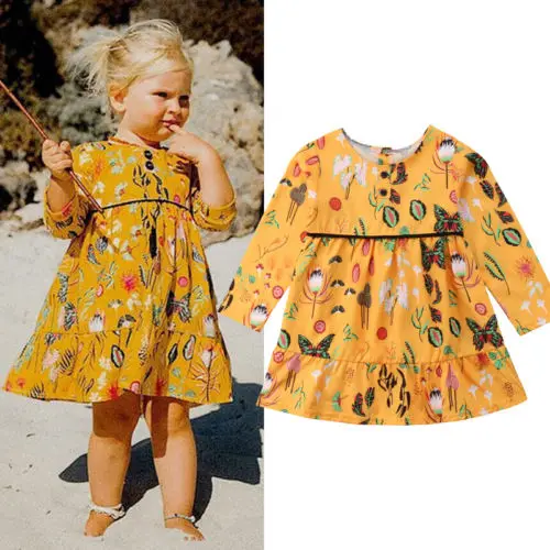 Новое желтое Цветочное платье для маленьких девочек с длинным рукавом и