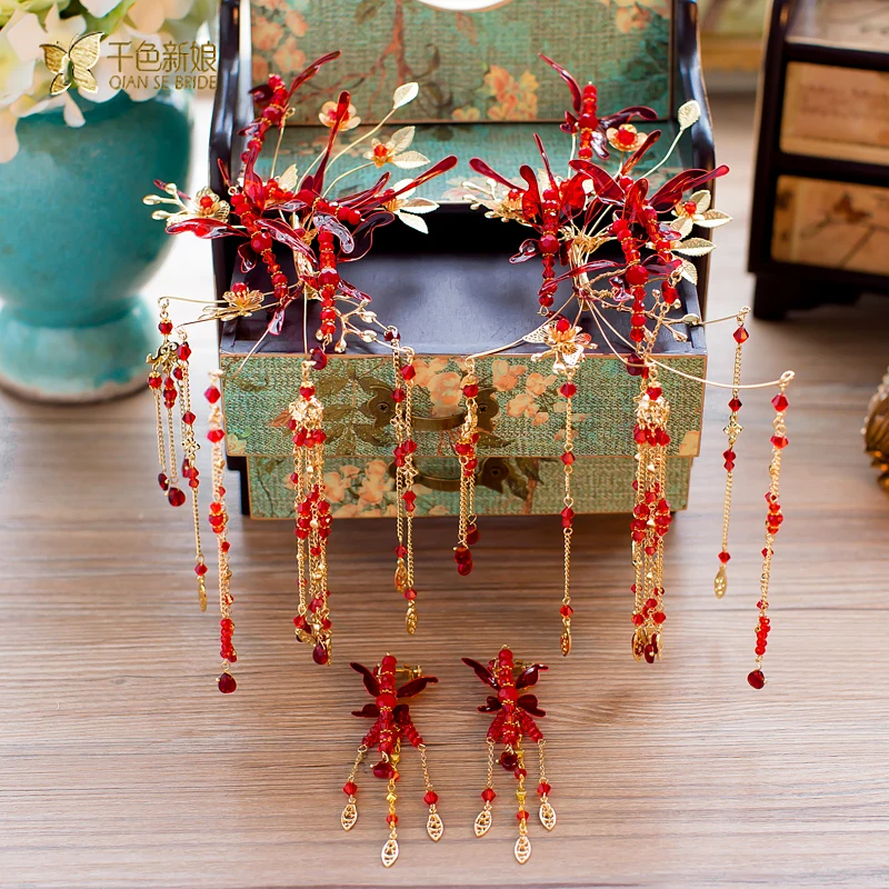 Китайский невесты головной убор костюм заколки красная бабочка шпильки