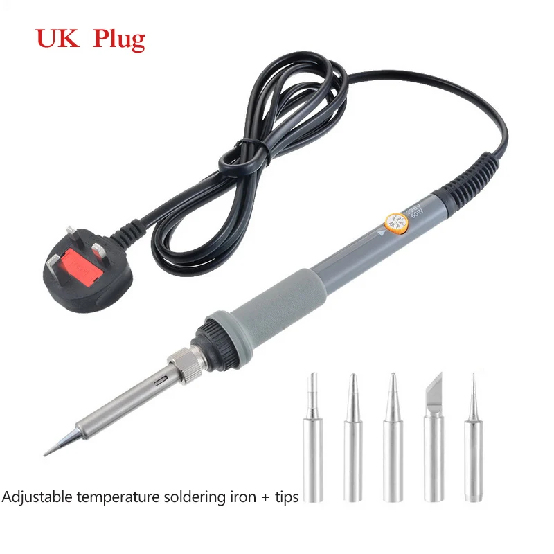 UK Plug 110 В/220 В 60 Вт Электрический паяльник с 5 шт. паяльных наконечников Регулируемая температура паяльник сварка ремонт инструмент - Цвет: UK Plug