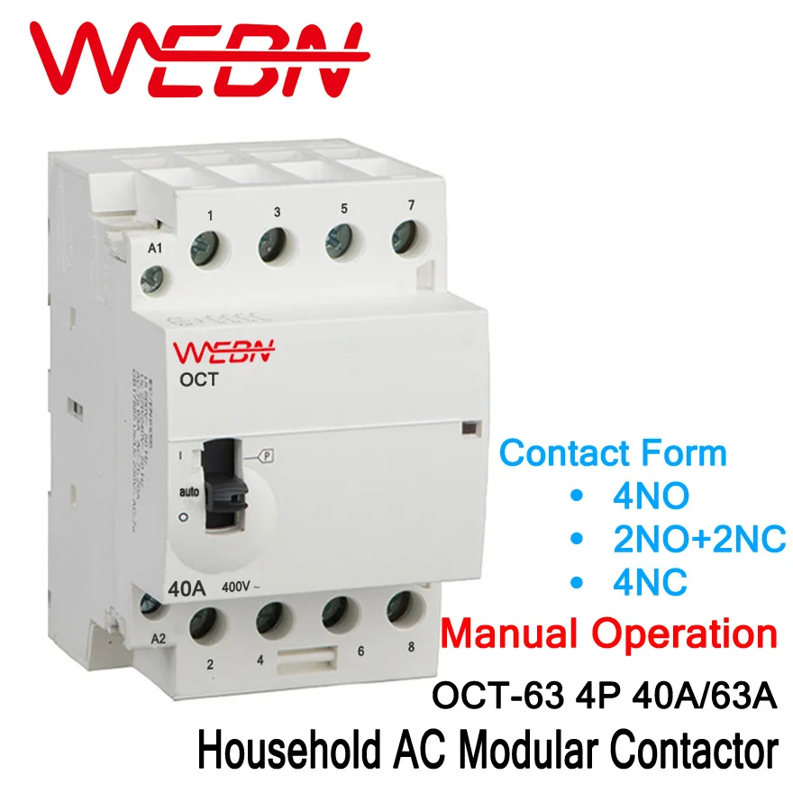 OCT-63 Series 4P 40A/63A Manual Operation AC Household Din Rail Modular Contactor 220V/230V 50/60Hz Contact 4NO/2NO+2NC/4NC
