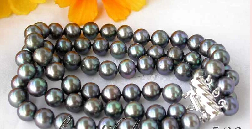 

beautiful 3row 8" 8-9mm black round freshwater pearl bracelet